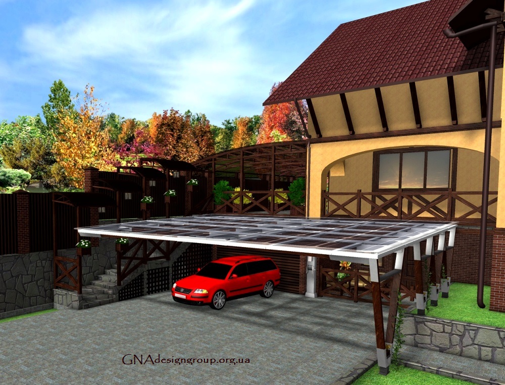 Solar panels above the parking lot with charging station