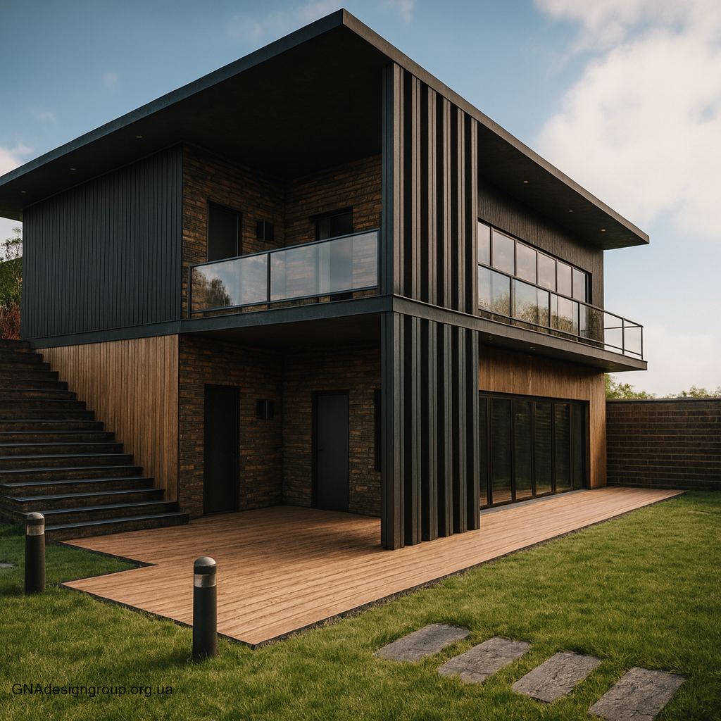 House Facade Design - graphite + tile + wood