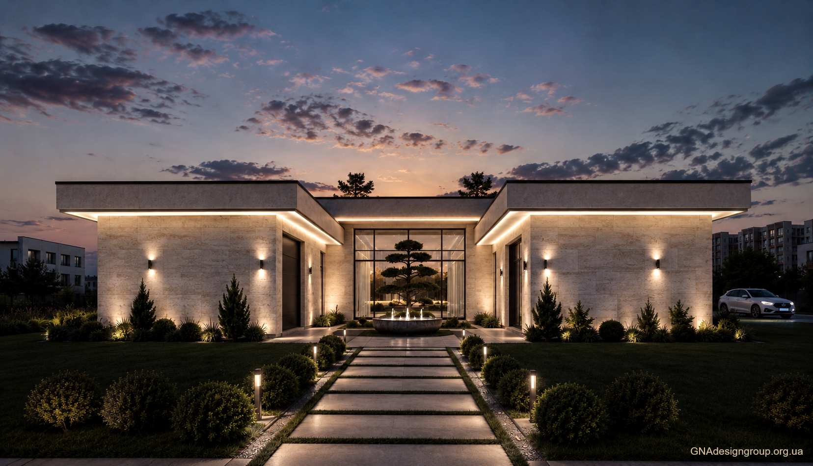 Facade with a travertine