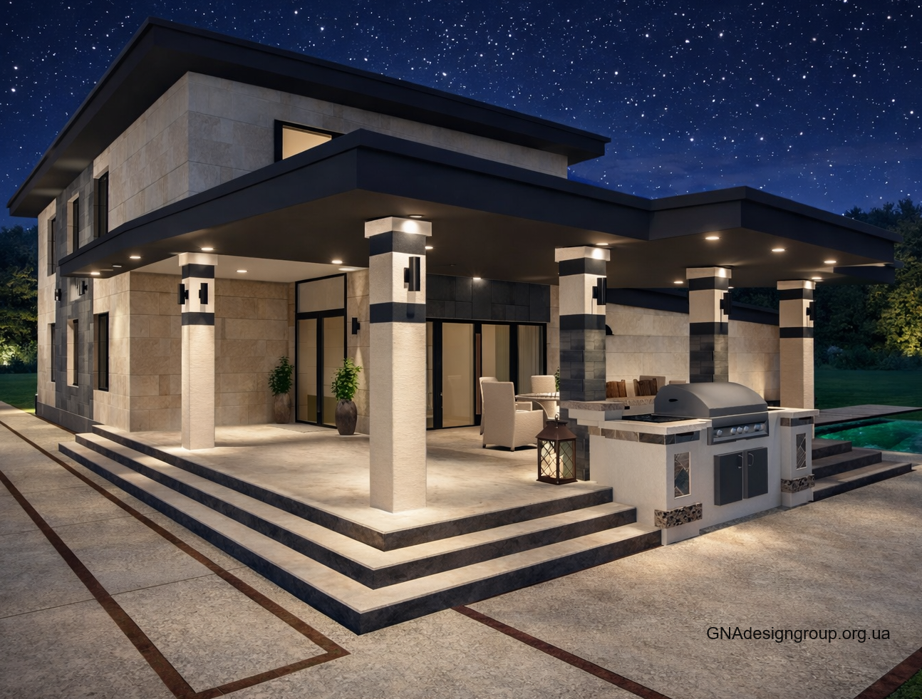 Facade with travertine