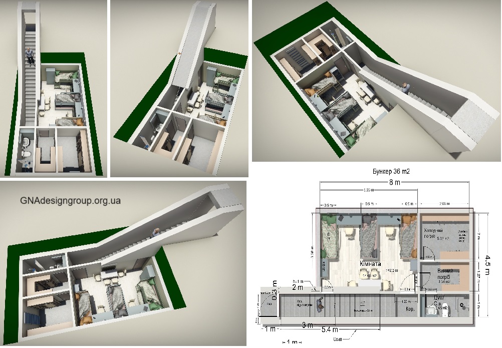 Bunker 24 m2, 36 m2. Variants, 3D planning and 3D visualization