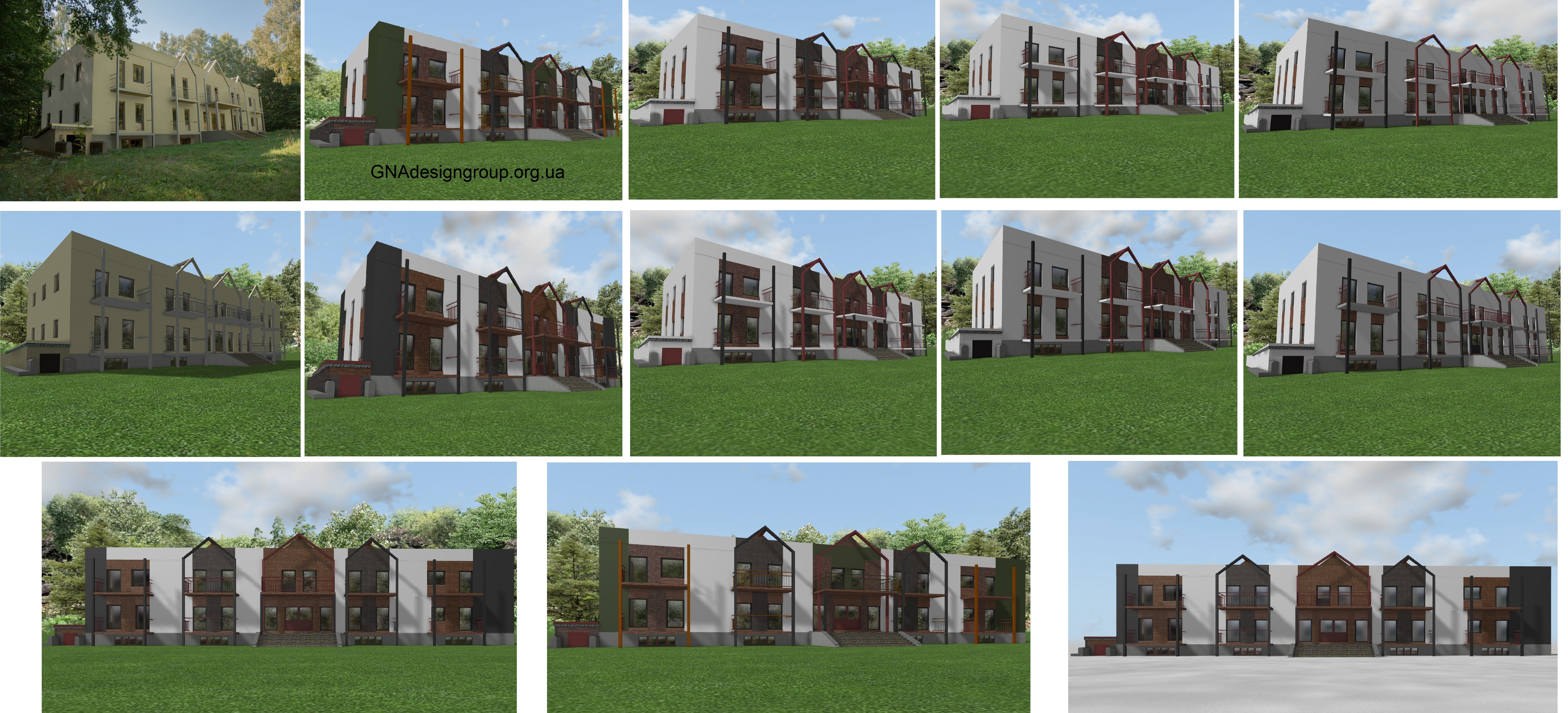  Variants of building facades and landscaping around them