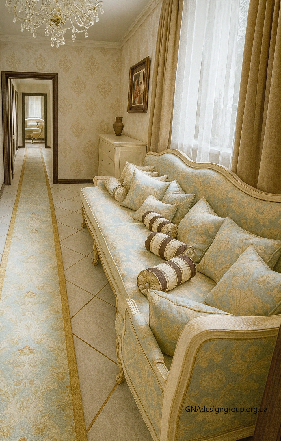 Striped hall, stairs, beams, hall and bedroom